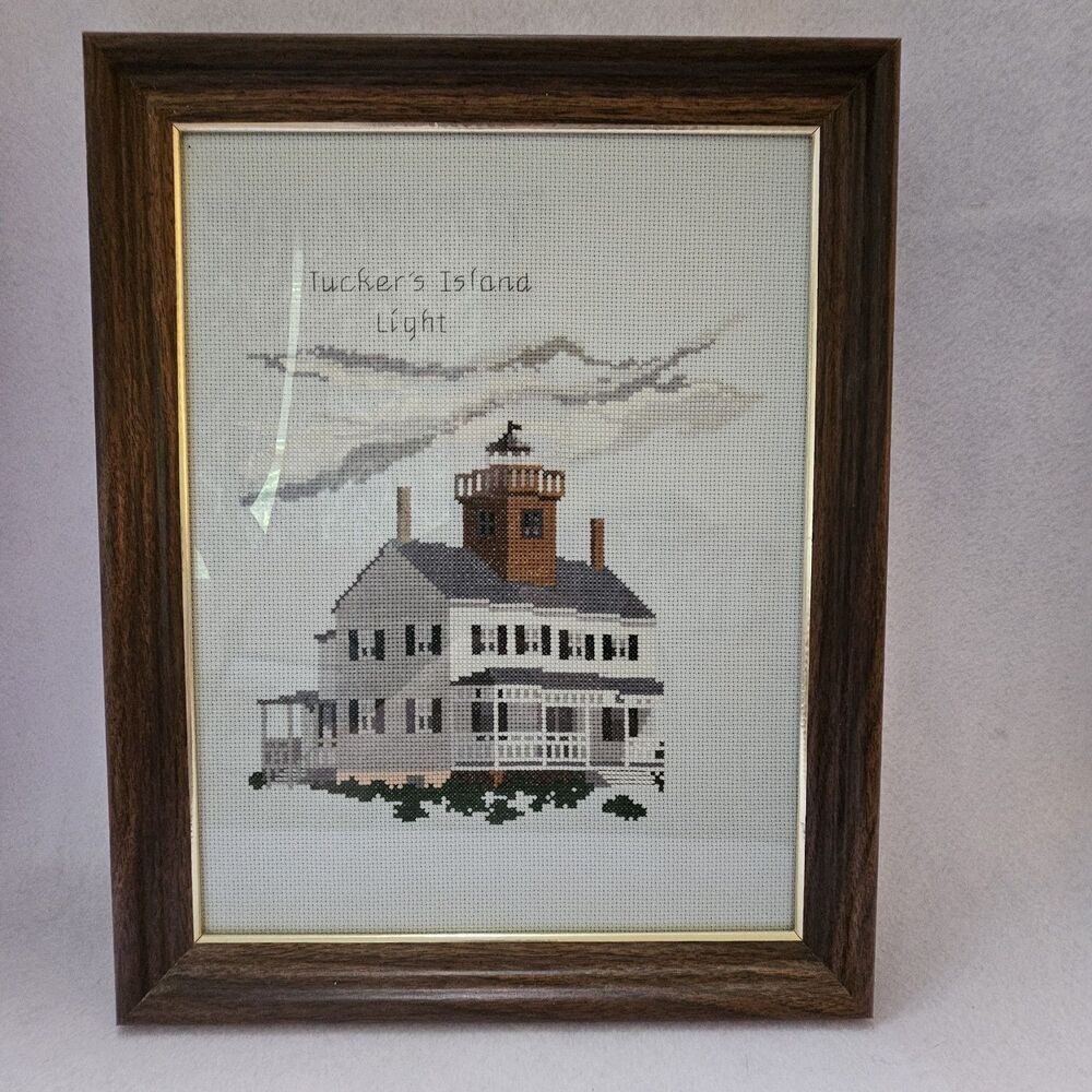 Vintage Needlepoint Art Framed 8x10 Tucker's Island Light New Jersey.